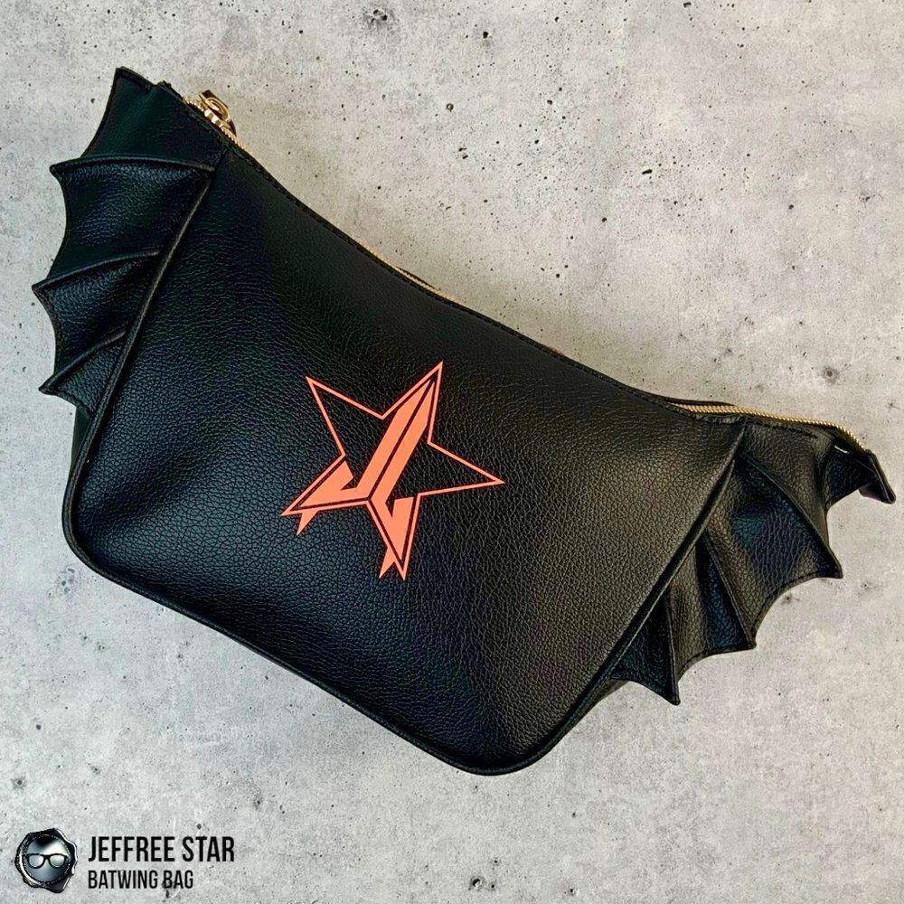 JEFFREE STAR BAT PURSE ZIPPER MAKEUP COSMETIC BAG IN BLACK VEGAN LEATHER BATWING
